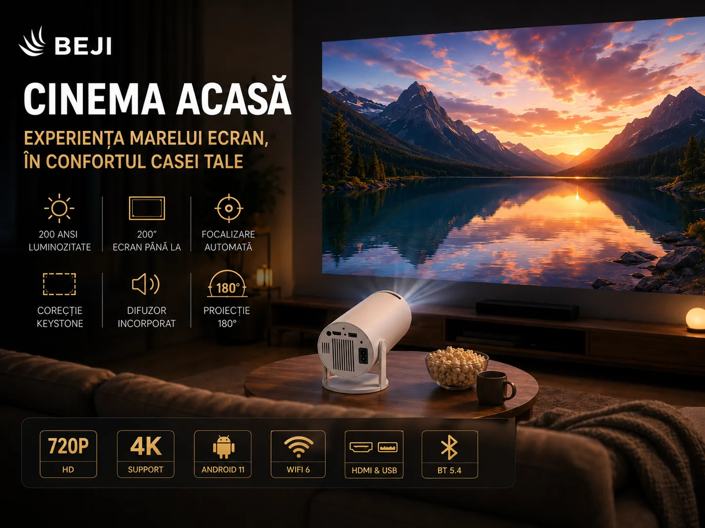 Videoproiectorul BEJI HY300PRO proiectând un peisaj montan pe peretele unui living
